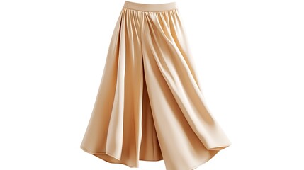 Beige wide leg pants with a high waist and pleats.