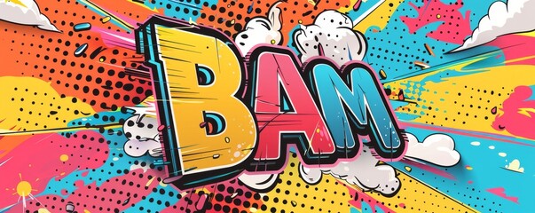 Colorful pop art background with "BAM" inside. Comic book style, Dynamic patterns, Bright vector