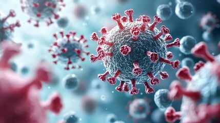 Close-up of virus particles invading human cells, detailed microscopic scene, healthcare concept, educational biology illustration