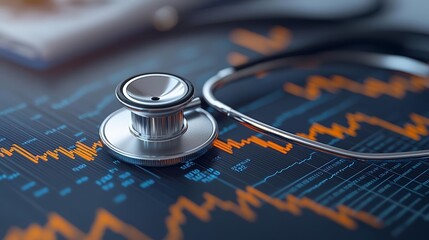Healthcare analytics concept with stethoscope on illuminated data charts, futuristic medical diagnostics, digital health innovation