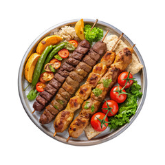 Front view of Kebap Platter with an assortment of Turkish grilled meats, including Adana kebap, shish kebap, and koftes, isolated on a white transparent background