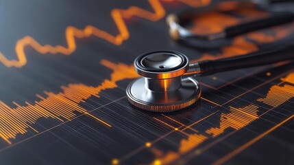 Stethoscope placed on glowing financial and health data graphs, blending healthcare with technology, modern medical trends