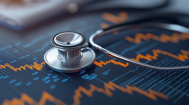 Healthcare analytics concept with stethoscope on illuminated data charts, futuristic medical diagnostics, digital health innovation