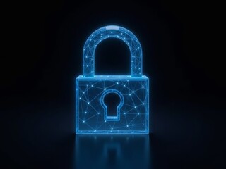 Polygonal blue hologram of security padlock on dark background.