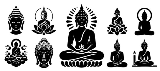 black silhouette of meditating buddha in lotus position black vector