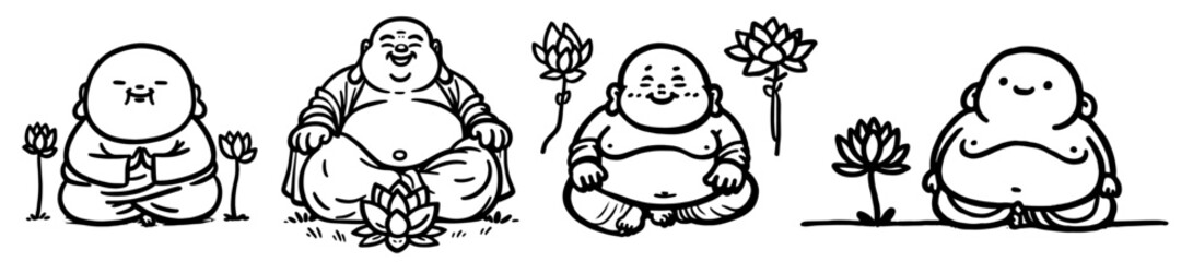 smiling buddha illustrations in a detailed black and white vector collection