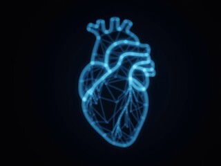 Polygonal blue hologram of heart organ on dark background.