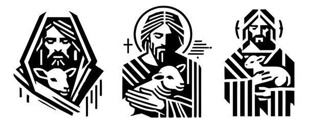 symbolic depiction of jesus and lambs in sacred art, black vector illustration