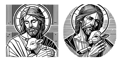 detailed depiction of jesus with lamb in religious iconography, black vector design