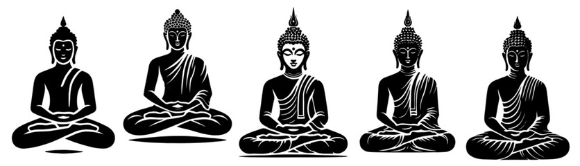 set of black shape meditating buddha designs in minimalist vector style, showcasing harmony and balance