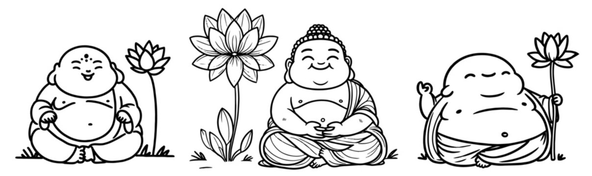black and white vector set of smiling buddha icons, featuring joyful and serene expressions