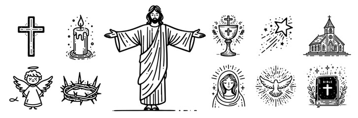 collection of christian symbols in doodle style, hand-drawn black and white vector illustrations