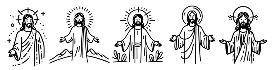 set of jesus christ silhouette illustrations in doodle style, hand-drawn in black and white vector