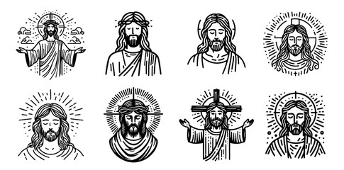 detailed collection of jesus christ silhouette designs in doodle style, black and white vector