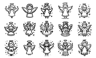 charming collection of cartoon doodle style angels in black and white vector illustrations
