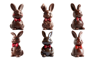 Fototapeta premium Chocolate Easter bunnies in different poses with red bows isolated on transparent background