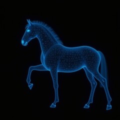 Fototapeta premium blue neon horse hologram on black background
