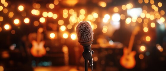 A microphone in the foreground with a blurred out stage in the background with string instruments, spotlights and a band.