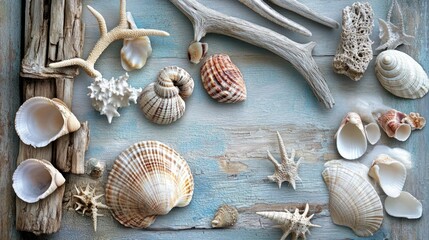 Create a collage that incorporates natural beach elements, such as seashells, driftwood, and grains of sand, to evoke the spirit of the ocean