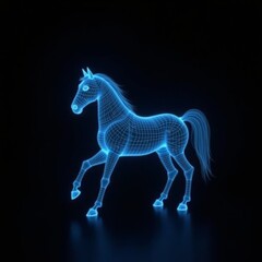 blue neon horse hologram on black background