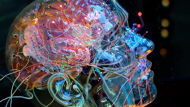 Abstract 3d rendering of a transparent human head highlighting brain activity and neural connections with glowing lines