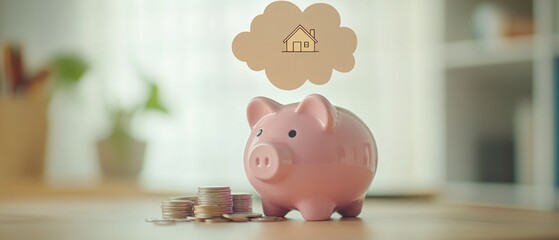 Obraz premium Pink piggy bank with a thought bubble of a house above it, and a pile of coins in front of it, on a wooden table in a blurred background.