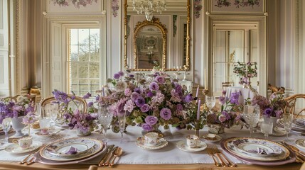 Regencycore Manor Ballroom, dustyrose and purple flowers, gilded mirrors, floral china, patterned furniture, spring light, expansive view