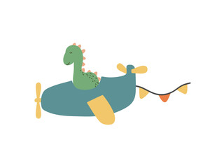 Hand-Painted Digital Illustration of a Dinosaur Pilot in a Blue Plane With Birthdays Flags – Nursery and Decor Design on Transparent Background