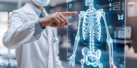 Orthopedic surgeon using holographic skeleton scan for diagnosis, Doctor analyzing bone structure with advanced 3D imaging technology