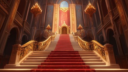 Obraz premium Create a grand staircase leading to a magnificent throne room, adorned with intricate carvings and opulent tapestries, embodying the grandeur of an anime palace.