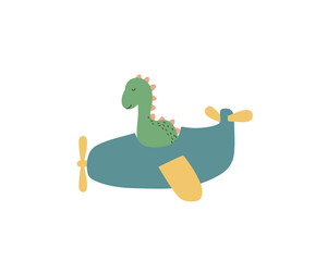 Hand-Painted Digital Illustration of a Dinosaur Pilot in a Blue Plane – Nursery and Decor Design on Transparent Background