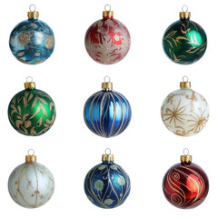 Decorative Christmas ornaments, vibrant colors, transparent background