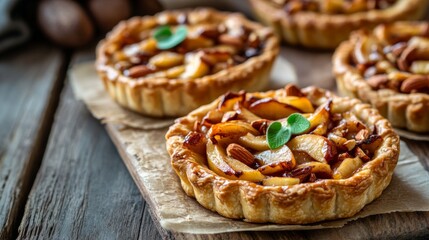 Apple almond pastries with a crispy crust, topped with caramelized apples and toasted almonds, fresh out of the oven generative ai