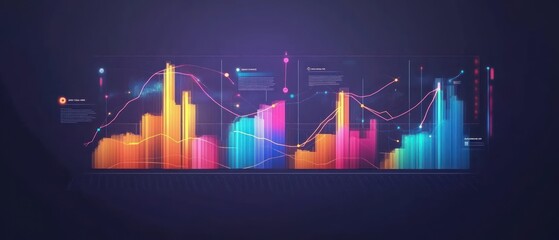 Digital abstract bar chart and line graphs with glowing neon colors on a black background.