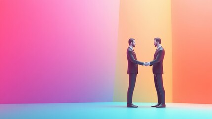 Two businessmen shaking hands against a colorful background.
