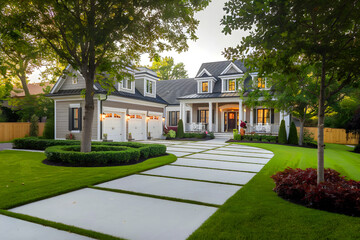 Front side view of a yard-equipped house.