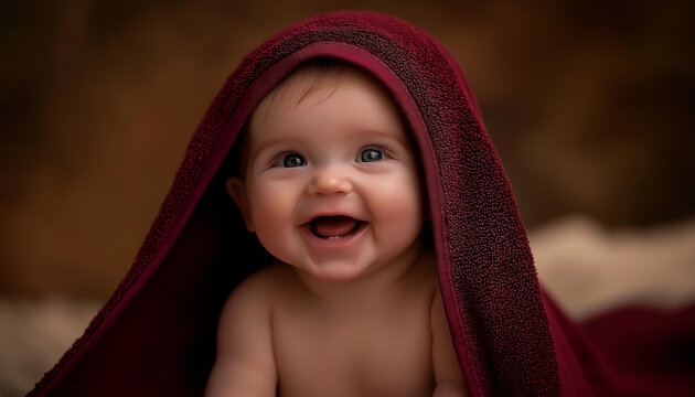 Adorable baby smiling under cozy blanket, showing warmth, happiness, and childhood innocence in a joyful moment of cuteness and comfort 