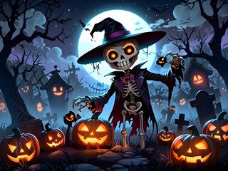 Halloween Skeleton with Glowing Eyes and Jack O Lanterns in Spooky Graveyard