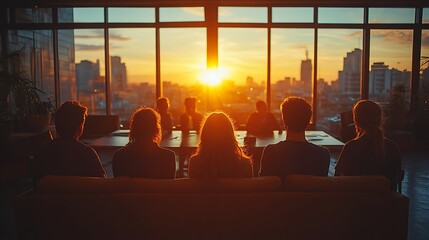 A group of people sit on a couch facing a window with a city skyline and sunset in the background.