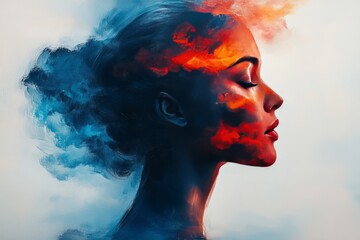 A woman's face is half-hidden by a blue and red cloud of paint