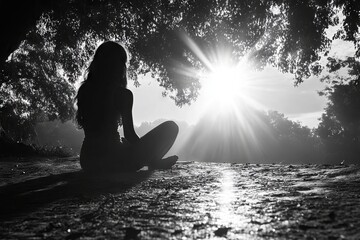 Silhouette of a woman meditating with the sun behind her.