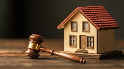 A wooden gavel lies next to a miniature house on a wooden table, symbolizing a real estate auction or legal proceedings.
