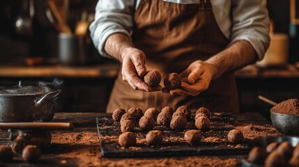 Baker handcrafting truffles, rolling them in cocoa powder, rustic kitchen setting generative ai