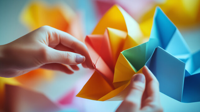 Hands holding colorful origami paper.
