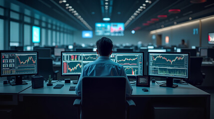 Stock market trader analyzing charts on multiple monitors in trading room
