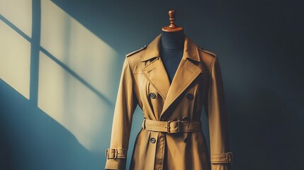 A tan trench coat on a mannequin against a blue wall with window light.