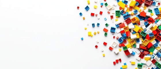 Colorful plastic blocks scattered on a white background.