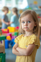 A 3-year-old Caucasian girl standing apart in a kindergarten classroom, looking confused and shy,...