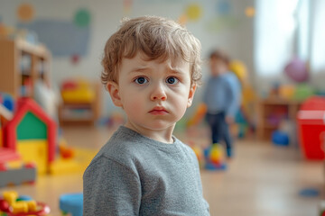 A 3-year-old Caucasian boy standing alone in a colorful kindergarten, looking confused and unsure,...