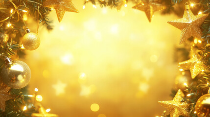 A vibrant yellow Christmas template with a bright festive frame of stars, ornaments, and holiday lights, radiating warmth and cheer.